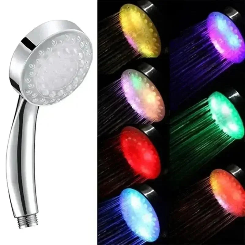 MoodGlow LED shower head with 7 color-changing lights powered by water flow for a relaxing shower ambiance