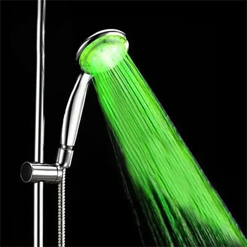 MoodGlow LED Shower Head with green water-activated LED lights in a silver handheld showerhead.